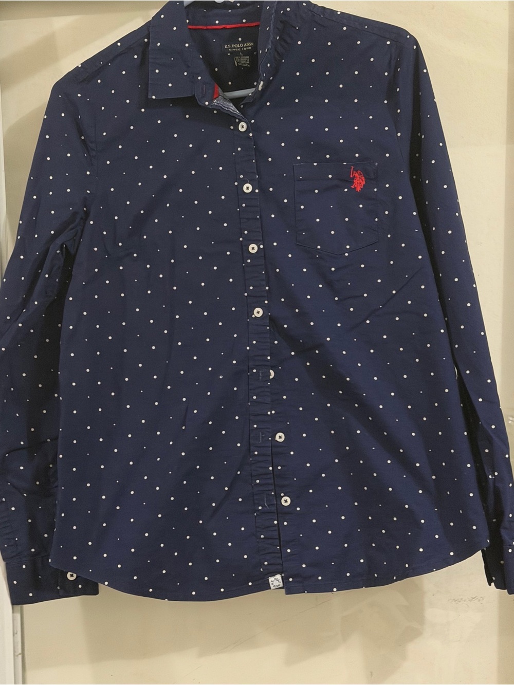 U.S. Polo Assn. Navy Blue Polka Dot Long Sleeve Shirt with Red Logo